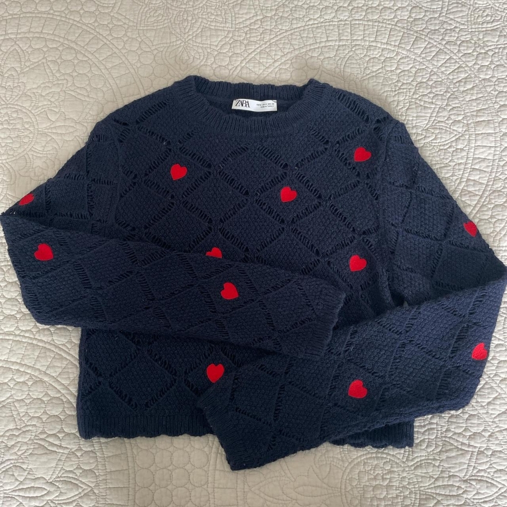 Zara Dark Blue Sweater with Red Heart Accents